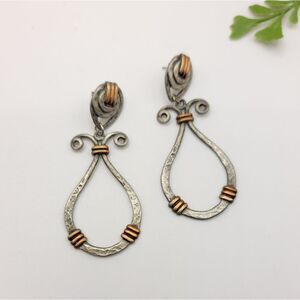 Artisan Earring Hammered Pewter and Brass Swirl Drops